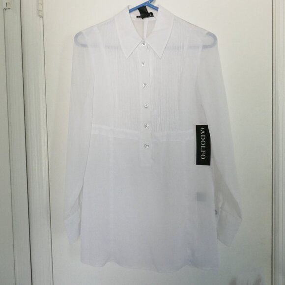 NWT Adolfo sheer white collared pintuck tunic blouse crystal buttons size M - Picture 4 of 9
